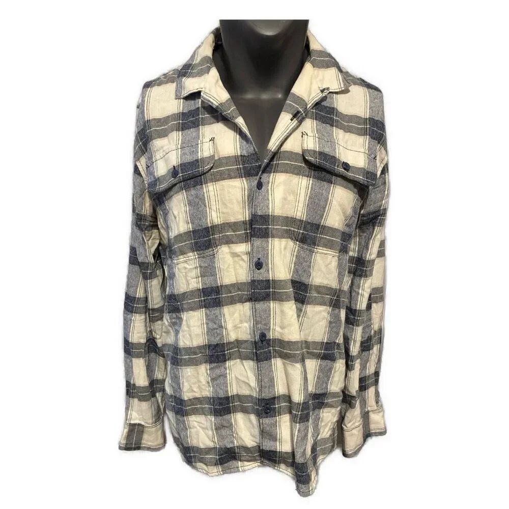 sun stone blue white Button Down flannel long sleeve shirt Large